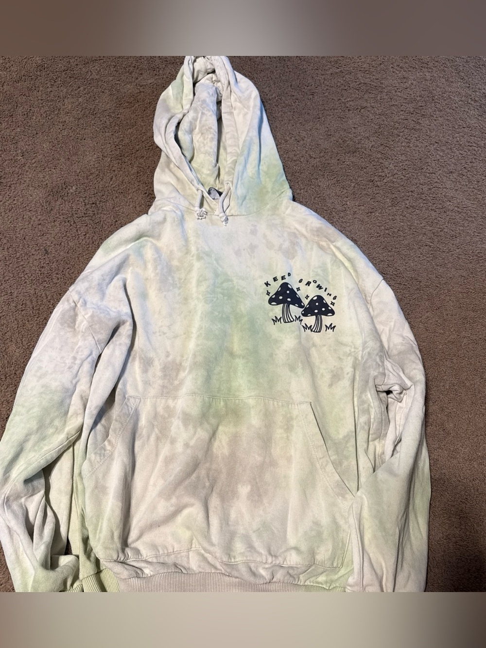ASOS Tie-Dye Hooded Sweatshirt in Light Green and White with Mushroom Graphic